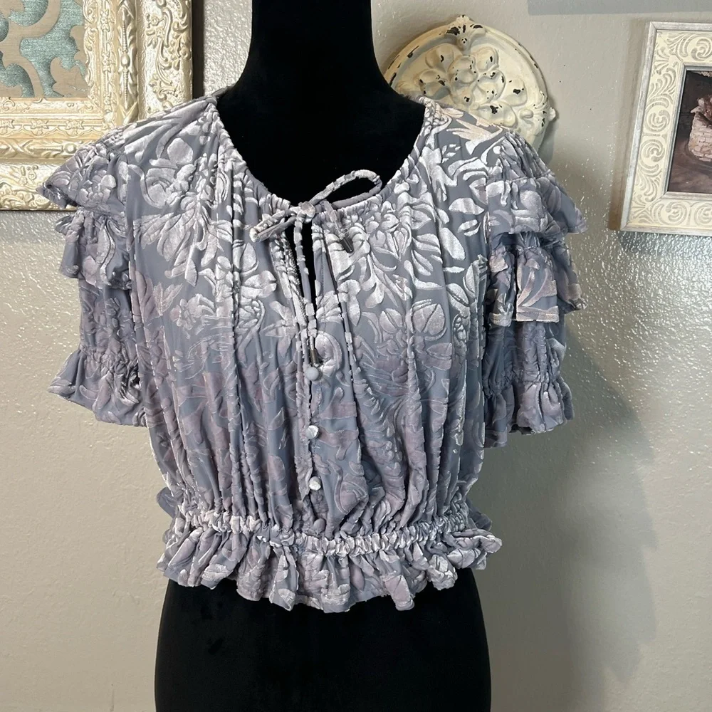 Free People Lavender Floral Ruffle Crop Top